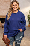 Blue Plus Size Waffle Knit Oversized Exposed Seam Top-Plus Size-MomFashion