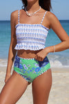 Blue Printed Smocked High waisted swimsuits-Swimwear-MomFashion