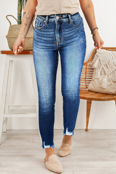 Blue Raw Hem Ankle-length Skinny Jeans-Bottoms-MomFashion