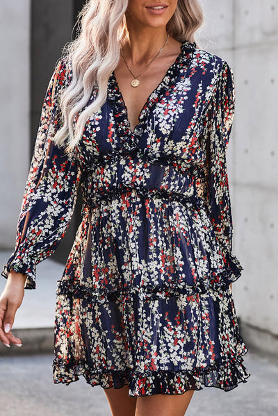 Blue Ruffle Detailing Open Back Floral Dress-Dresses-MomFashion