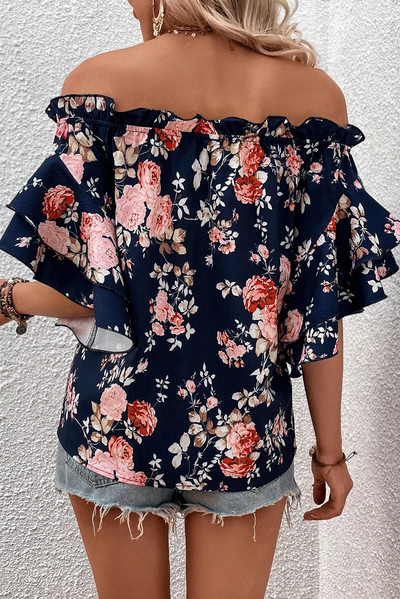 Blue Ruffle Off Shoulder Flounce Sleeve Floral Blouse-Tops-MomFashion