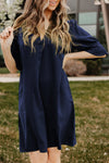 Blue Ruffled Sleeve Shift Dress-Dresses-MomFashion