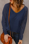 Blue Sheer Stripe V-Neck Top-Tops-MomFashion