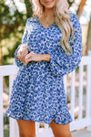 Blue Sky Blue/Blue/Apricot V Neck Lantern Sleeves Floral Tunic Dress-Dresses-MomFashion