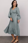 Blue Smocked V Neck Swiss Dot Ruffle Long Sleeve Dress-Dresses-MomFashion