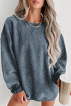 Blue Solid Ribbed Knit Round Neck Pullover Sweatshirt-Tops-MomFashion