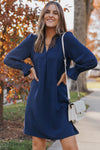 Blue Split V Neck Ruffled Sleeves Shirt Dress-Dresses-MomFashion