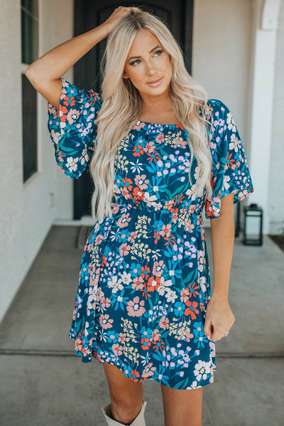 Blue Square Neck Ruffle Floral Dress-Dresses-MomFashion