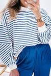 Blue Stripe Drop Shoulder Crew Neck Loose Sweatshirt-Tops/Sweatshirts & Hoodies-MomFashion