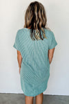 Blue Striped Ribbed Knit T-shirt Shift Dress-Dresses-MomFashion