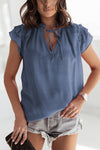 Blue Tiered Ruffled Drawstring V Neck Top-Tops-MomFashion