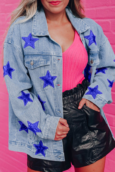 Bluing Sequin Star Flap Pocket Denim Jacket-Outerwear-MomFashion