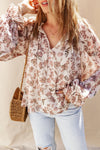 Boho Floral Print Split V Neck Bubble Sleeve Blouse-Tops-MomFashion