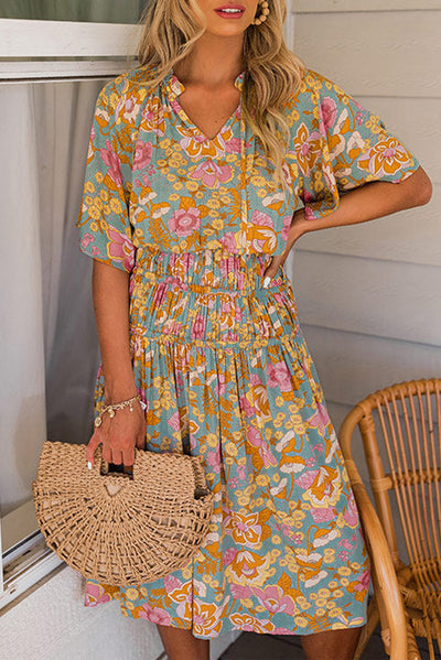 Boho Wide Sleeve Smocked Waist Floral Dress-Dresses-MomFashion