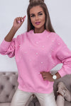 Bonbon Pearl Detail Ribbed Crew Neck Sweatshirt-Tops-MomFashion