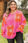 Bonbon Plus Size Flower Pattern Drop Shoulder Sweater-Plus Size-MomFashion