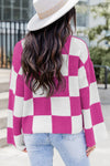 Bright Pink Checkered Round Neck Baggy Sweater-Tops-MomFashion