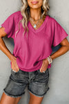 Bright Pink Crinkled V Neck Wide Sleeve T-shirt-Tops-MomFashion
