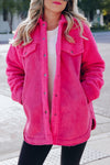 Bright Pink Faux Suede Sherpa Patchwork Button-up Shacket-Outerwear-MomFashion