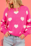 Bright Pink Fuzzy Valentine Hearts Drop Shoulder Sweater-Tops-MomFashion
