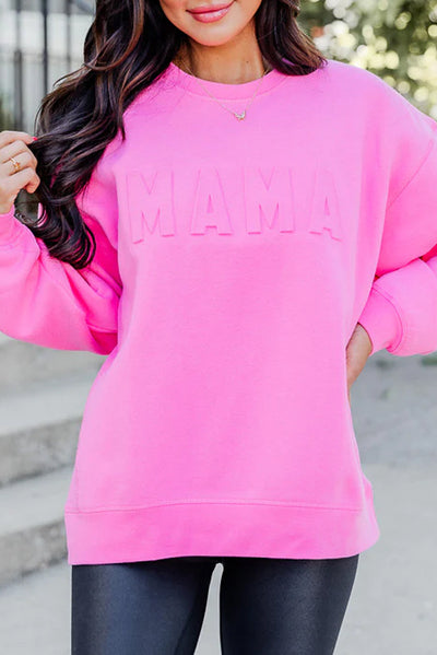 Bright Pink MAMA Letter Embossed Casual Sweatshirt-Tops-MomFashion