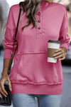Bright Pink Ribbed Hem Snap Button Neckline Sweatshirt with Pocket-Tops-MomFashion