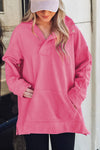 Bright Pink Textured Zipped Neckline Kangaroo Pocket Sweatshirt-Tops-MomFashion