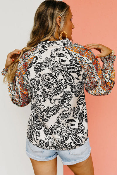 Bright White Abstract Print Flounce Sleeve Tasseled V Neck Blouse-Tops-MomFashion