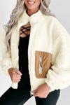 Bright White Contrast Patched Pocket Zipped Sherpa Jacket-Outerwear-MomFashion