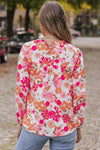 Bright White Floral Print Split V Neck Blouse-Tops-MomFashion