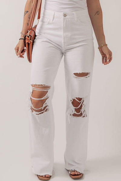 Bright White Heavy Distressed Straight Leg Jeans-Bottoms-MomFashion