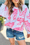 Bright White Pink Animal Print Pullover Sweatshirt-Tops-MomFashion