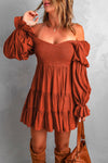 Brown Boho Solid Shirred Ruffle Mini Dress-Dresses-MomFashion