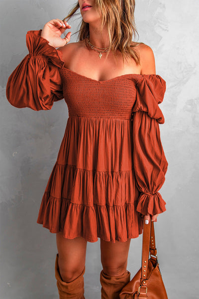 Brown Boho Solid Shirred Ruffle Mini Dress-Dresses-MomFashion