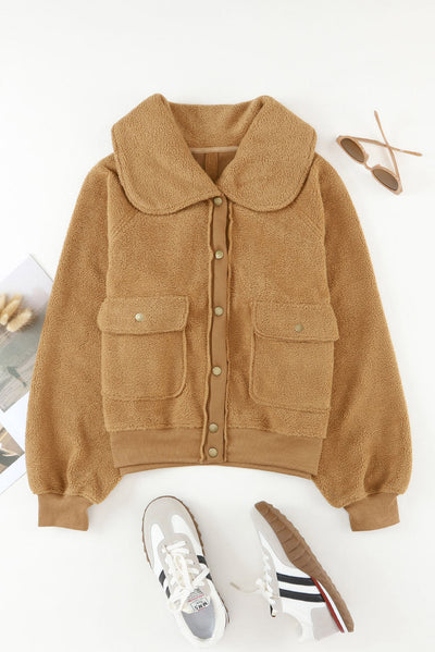 Brown Button Flap Pocket Spread Collar Fleece Jacket-Outerwear-MomFashion