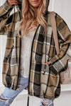 Brown Checkered Drawstring Hooded Zip-Up jacket-Outerwear-MomFashion