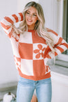 Brown Checkered Floral Print Striped Sleeve Sweater-Tops-MomFashion