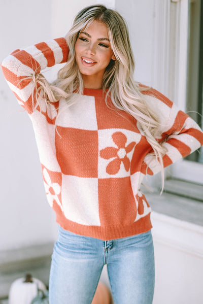 Brown Checkered Floral Print Striped Sleeve Sweater-Tops-MomFashion