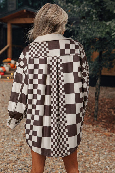 Brown Checkered Print Patchwork Corduroy Shacket-Outerwear/Jackets-MomFashion