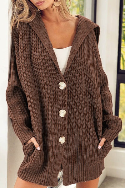 Brown Chunky Knit Lapel Collar Button up Cardigan-Tops-MomFashion