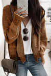 Brown Chunky Waffle Knit Oversized Collar Cardigan-Tops-MomFashion