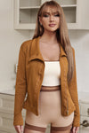 Brown Collared Asymmetric Ribbed Detail Motor Jacket-Outerwear-MomFashion