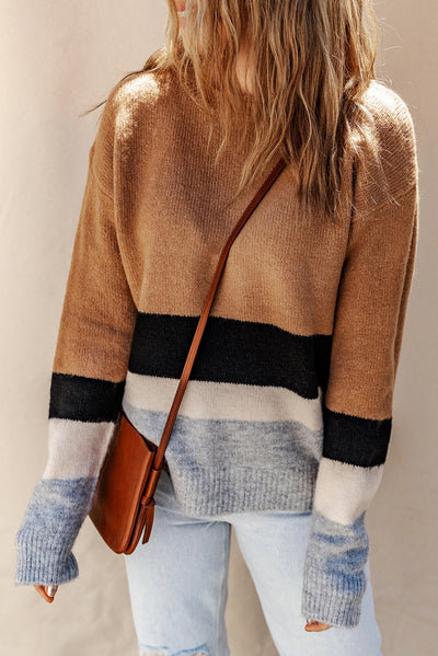 Brown Color Block Striped Ribbed Knit Sweater-Tops-MomFashion