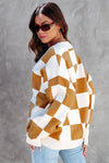 Brown Contrast Checkered Print Button Up Sweater Cardigan-Tops-MomFashion