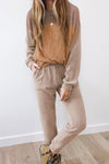Brown Corded 2pcs Colorblock Pullover and Pants Outfit-Loungewear-MomFashion