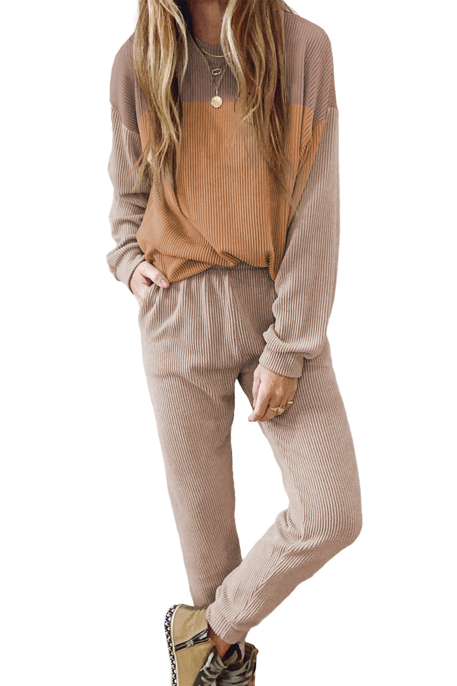 Brown Corded 2pcs Colorblock Pullover and Pants Outfit-Loungewear-MomFashion
