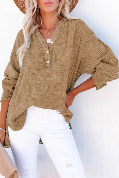 Brown Crinkle Textured Loose Henley Top-Tops-MomFashion