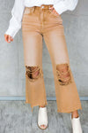 Brown Distressed Hollow-out High Waist Cropped Flare Jeans-Bottoms-MomFashion