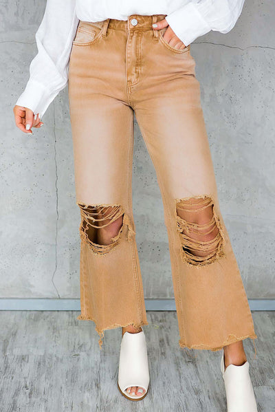 Brown Distressed Hollow-out High Waist Cropped Flare Jeans-Bottoms-MomFashion