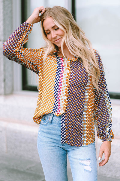 Brown Dot Print Long Sleeve Button Down Shift Shirt-Tops-MomFashion